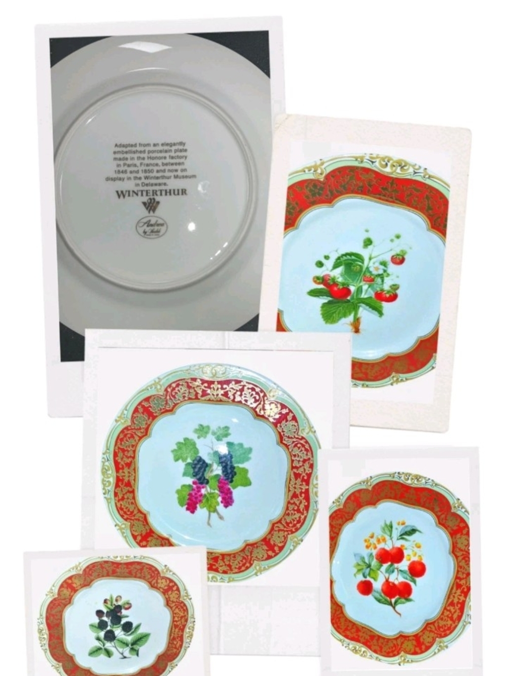 Red & Gold Decorative Fruit Motif Plates (4) By Andrea Sadek